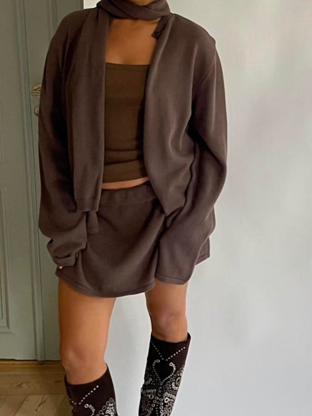 Djerf Avenue Two-Piece Knit Skirt Set in Brown S/M